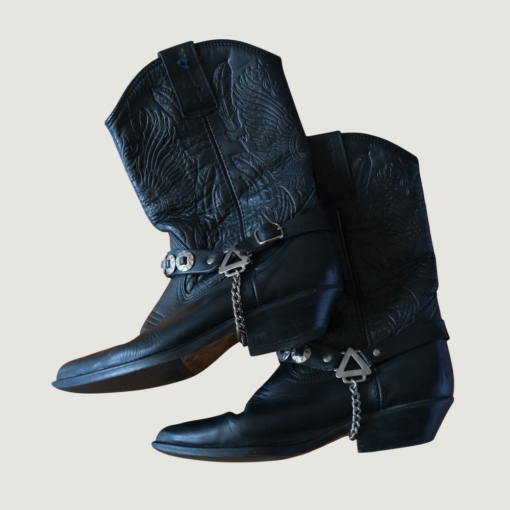 Wrangler Boots Cowboy Western Black Leather Embossed Harness Size 6 Retro